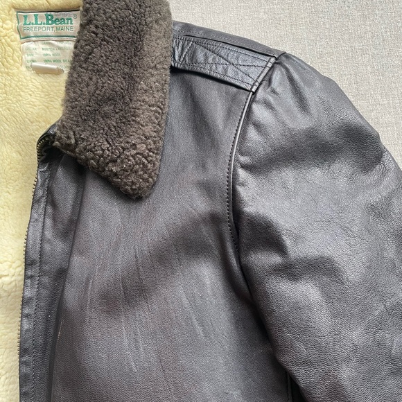 Vintage LL Bean Bomber Jacket Mens 42 Long Shearling Goatskin Brown Leather. - Picture 2 of 10